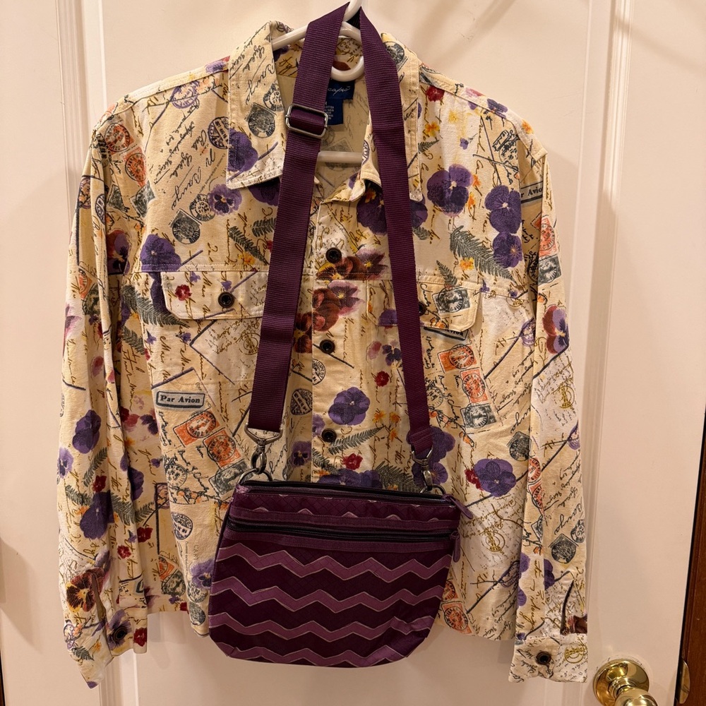 SET! Artscapes Medium French Floral Canvas Jacket W/Thirty-One Purple Crossbody
